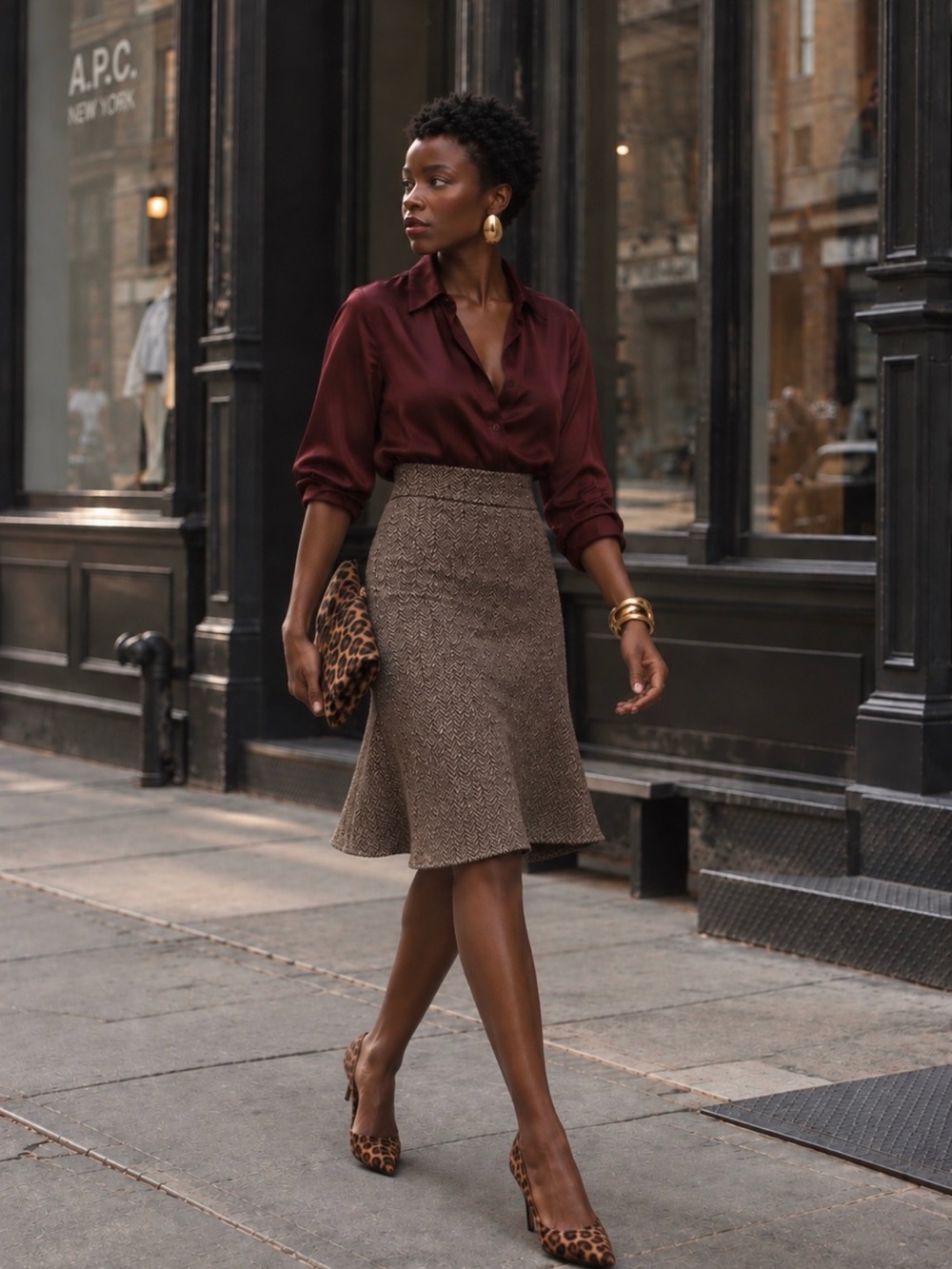 Brown Cream Geometric A-Line Midi Skirt Size L 10/12 Retro Boho Office